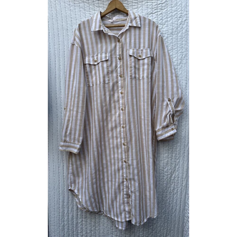 Dizzy Lizzy Striped Shirt Dress Button Up Tan & White Lightweight Cover Up Large